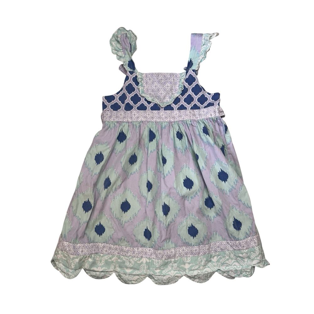 SHRIMP & GRITS Serendipity Ikat Print Ruffle Dress Sz 7 Girls Purple Blue Green